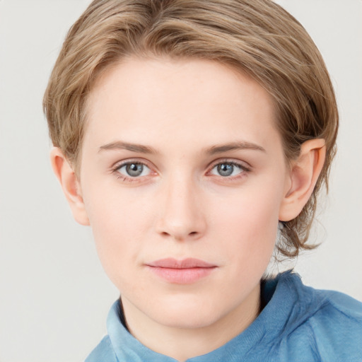 Neutral white young-adult female with short  brown hair and blue eyes