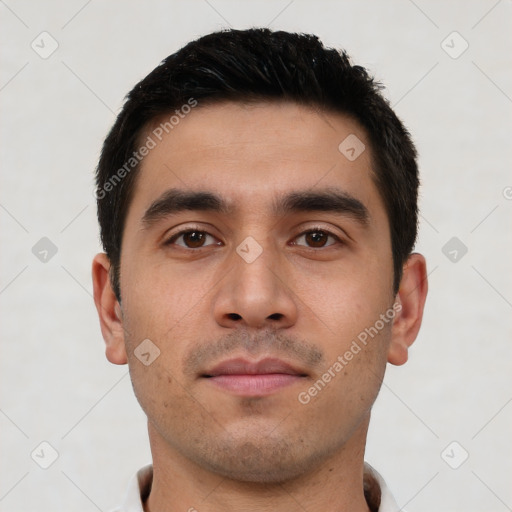 Neutral latino young-adult male with short  black hair and brown eyes