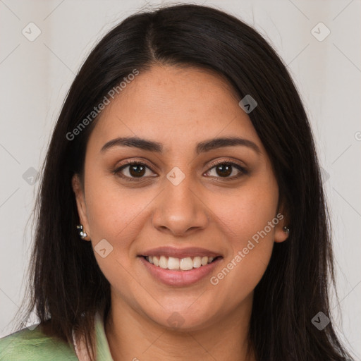 Joyful white young-adult female with long  brown hair and brown eyes