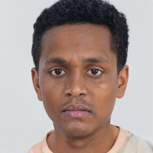 Neutral black young-adult male with short  black hair and brown eyes