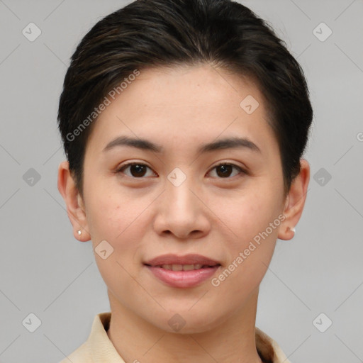 Joyful white young-adult female with short  brown hair and brown eyes