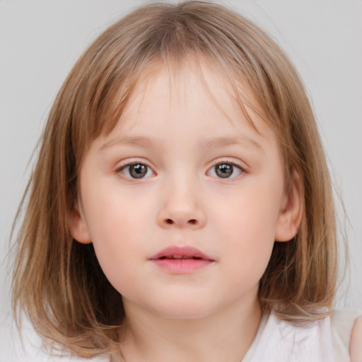 Neutral white child female with medium  brown hair and blue eyes