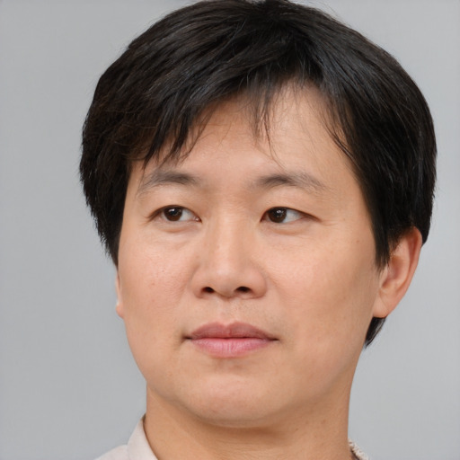 Neutral asian adult male with short  brown hair and brown eyes