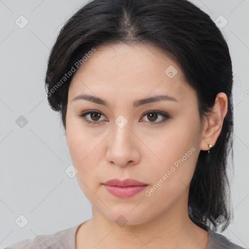 Neutral asian young-adult female with medium  brown hair and brown eyes