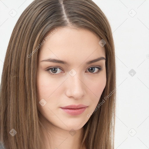 Neutral white young-adult female with long  brown hair and brown eyes