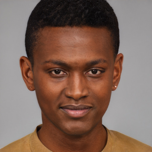 Joyful black young-adult male with short  brown hair and brown eyes