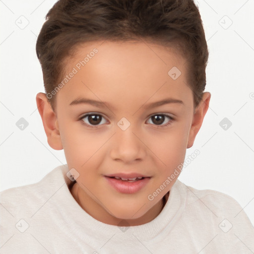 Joyful white child female with short  brown hair and brown eyes