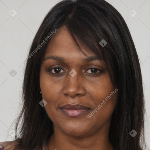 Joyful asian young-adult female with long  brown hair and brown eyes