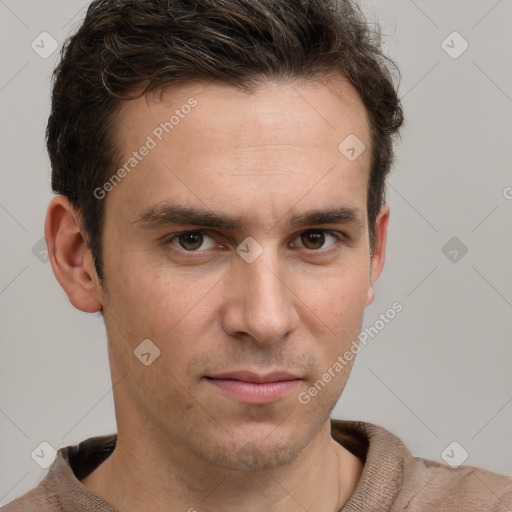 Neutral white young-adult male with short  brown hair and grey eyes