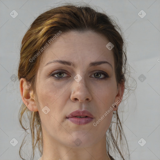 Neutral white young-adult female with medium  brown hair and brown eyes