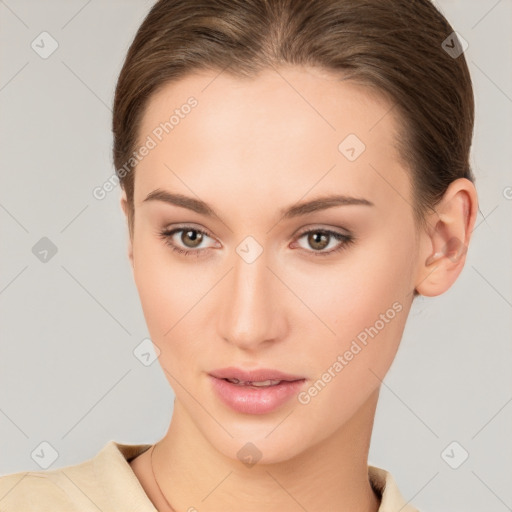 Neutral white young-adult female with short  brown hair and brown eyes