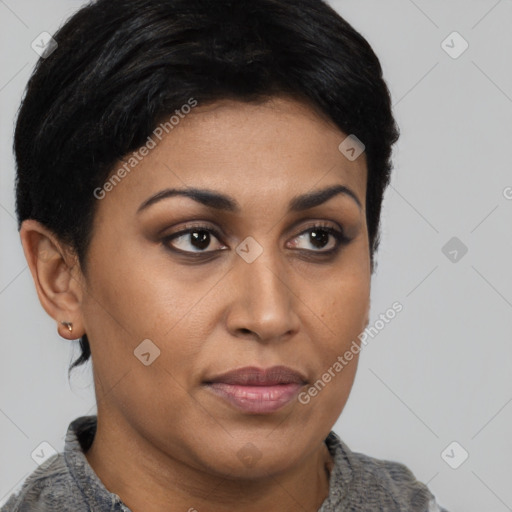 Joyful latino young-adult female with short  brown hair and brown eyes