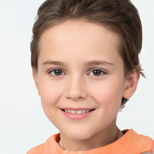 Joyful white child female with short  brown hair and brown eyes