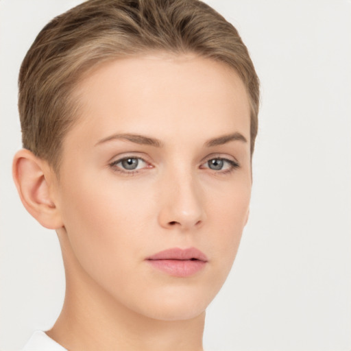 Neutral white young-adult female with short  brown hair and brown eyes