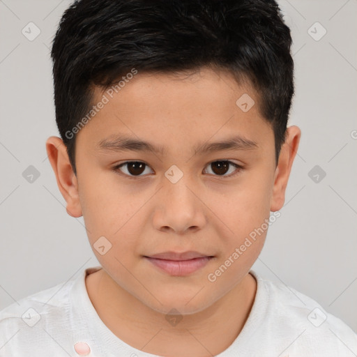 Joyful white child male with short  brown hair and brown eyes