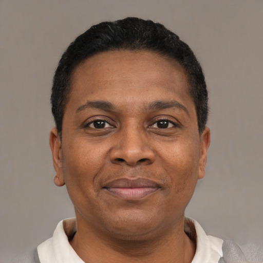 Joyful black adult female with short  black hair and brown eyes
