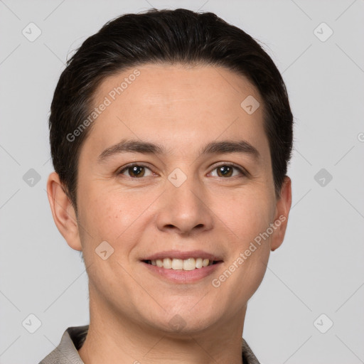 Joyful white young-adult male with short  brown hair and brown eyes