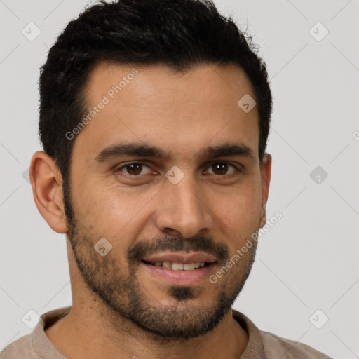 Joyful white young-adult male with short  brown hair and brown eyes