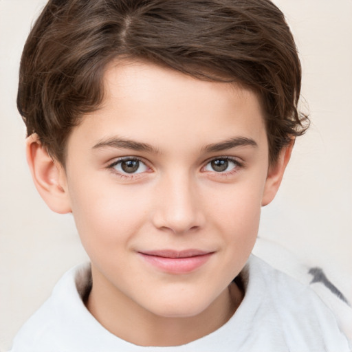 Joyful white child female with short  brown hair and brown eyes