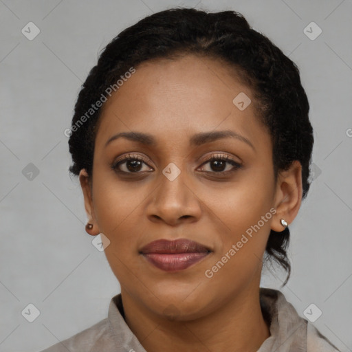 Joyful latino young-adult female with short  black hair and brown eyes
