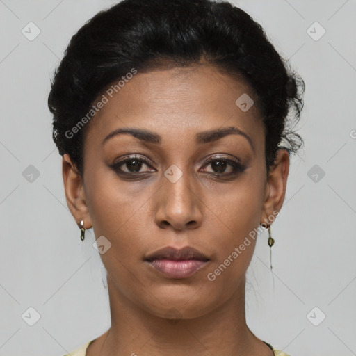 Neutral latino young-adult female with short  black hair and brown eyes