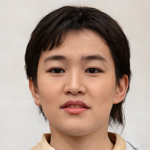 Neutral asian young-adult female with medium  brown hair and brown eyes