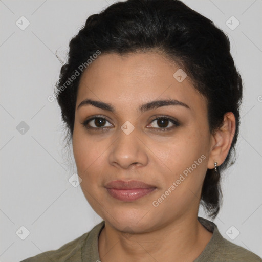 Joyful latino young-adult female with medium  black hair and brown eyes