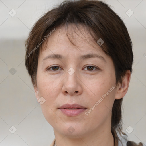 Neutral white adult female with medium  brown hair and brown eyes