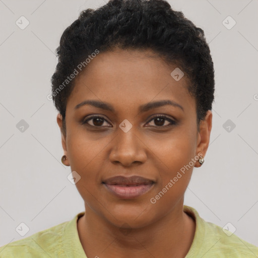 Joyful black young-adult female with short  brown hair and brown eyes