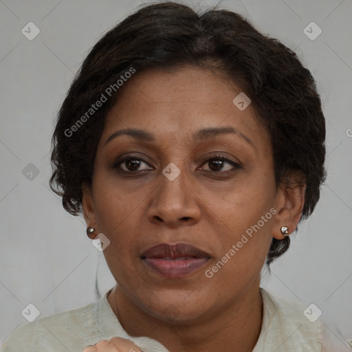 Joyful black adult female with short  brown hair and brown eyes