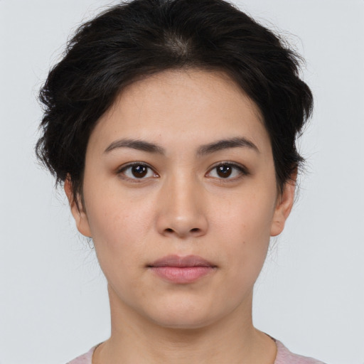 Neutral asian young-adult female with short  brown hair and brown eyes