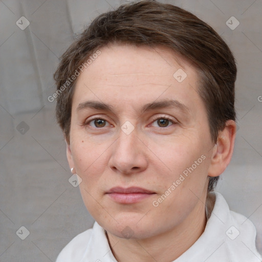 Joyful white adult female with short  brown hair and brown eyes