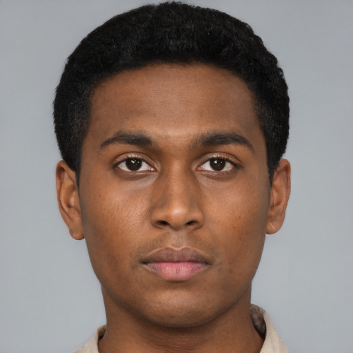 Neutral black young-adult male with short  black hair and brown eyes