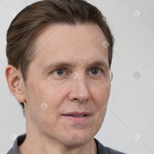 Neutral white adult male with short  brown hair and brown eyes