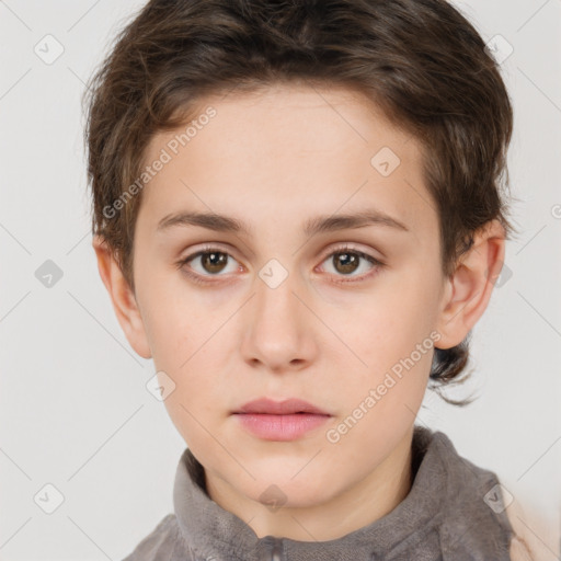 Neutral white young-adult female with short  brown hair and brown eyes