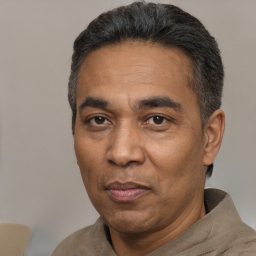 Neutral latino adult male with short  black hair and brown eyes