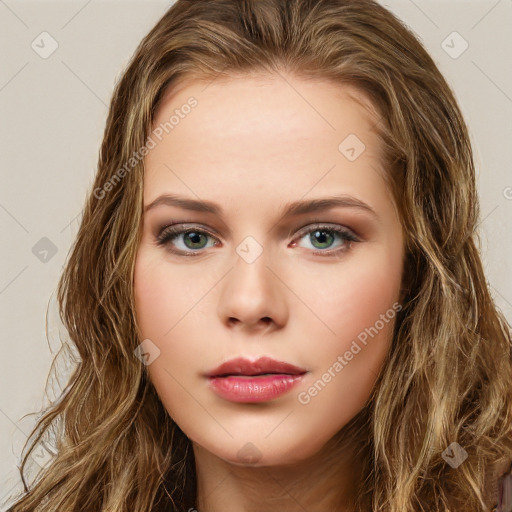 Neutral white young-adult female with long  brown hair and green eyes