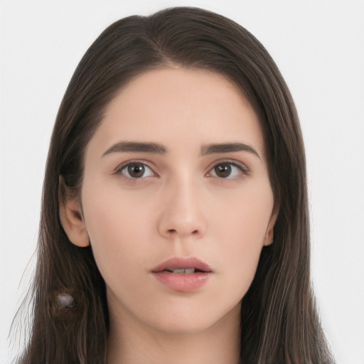 Neutral asian young-adult female with long  brown hair and brown eyes