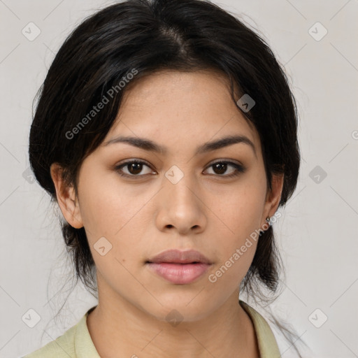 Neutral asian young-adult female with medium  black hair and brown eyes