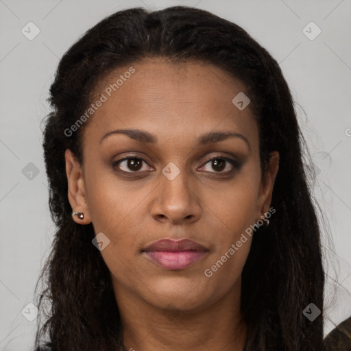 Neutral black young-adult female with long  brown hair and brown eyes