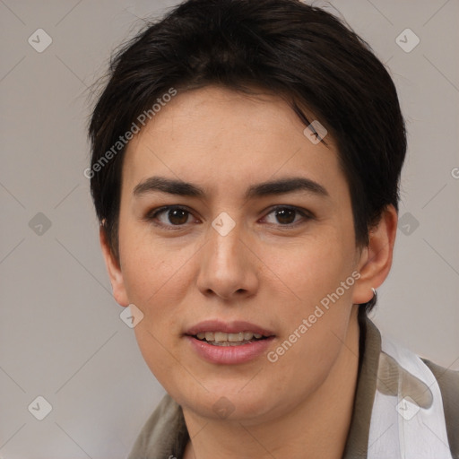 Joyful white young-adult female with short  brown hair and brown eyes