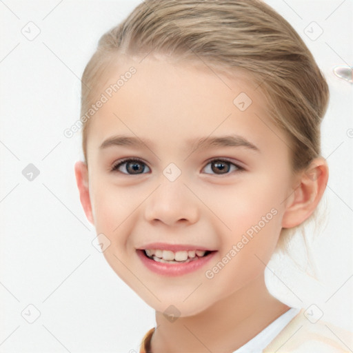 Joyful white child female with short  brown hair and brown eyes