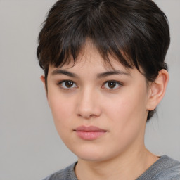 Neutral white young-adult female with short  brown hair and brown eyes