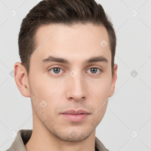 Neutral white young-adult male with short  brown hair and brown eyes