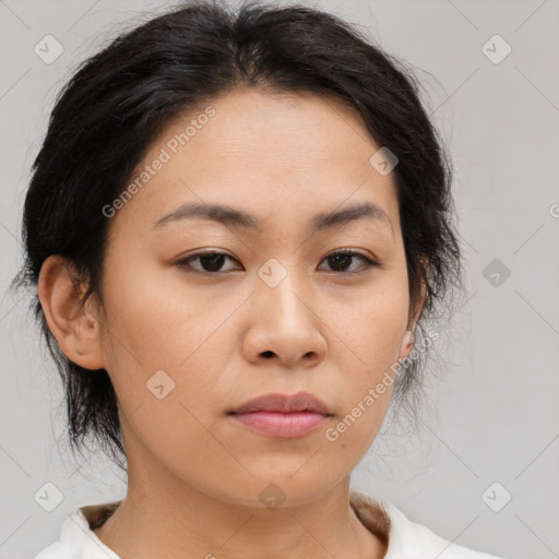 Neutral asian young-adult female with medium  brown hair and brown eyes