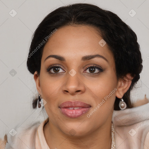 Joyful latino young-adult female with medium  brown hair and brown eyes