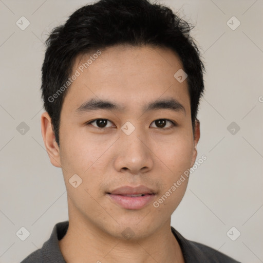 Neutral asian young-adult male with short  black hair and brown eyes