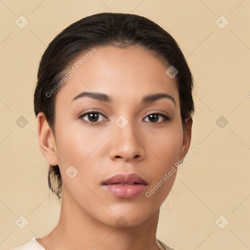 Neutral white young-adult female with short  brown hair and brown eyes