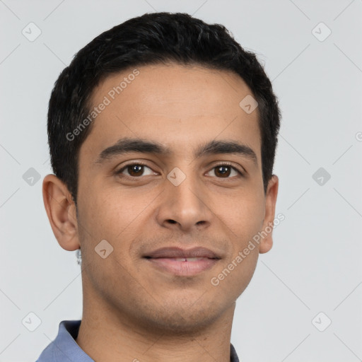 Joyful latino young-adult male with short  black hair and brown eyes