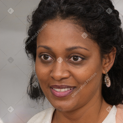 Joyful black young-adult female with medium  brown hair and brown eyes